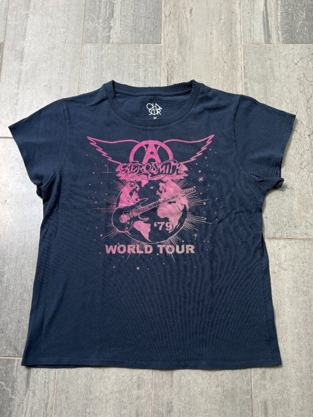Chaser Aerosmith Distressed Graphic Short Sleeve Tee Shirt Blue Size Medium